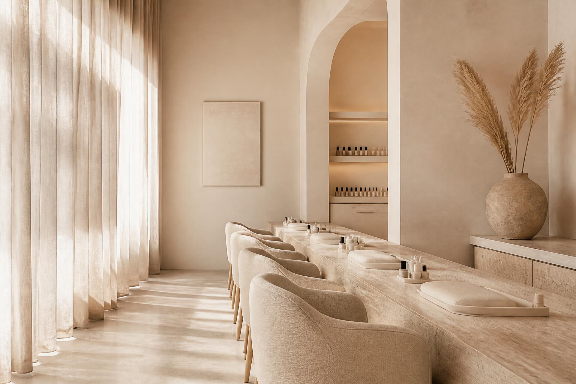 A quietly luxurious NOOSH salon interior — travertine, linen, arched niches.